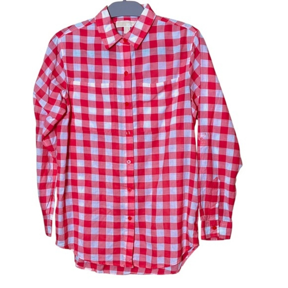 Michael Kors Large Gingham Check Red/Coral & White Plaid Button Down Shirt